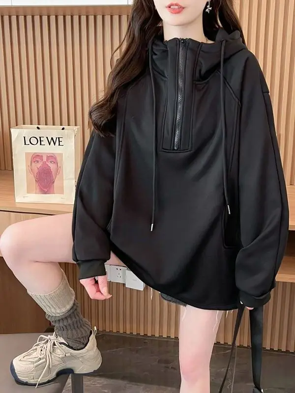 

Толстовка с капюшоном больших размеров Jaet, женская толстовка Thiened Fce, осень-зима, повседневный топ, модная уличная одежда, свободная длинная толстовка с капюшоном све