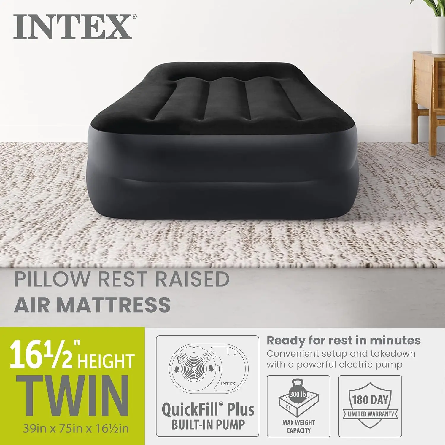 Intex 64121ED Dura-Beam Plus Pillow Rest Air Mattress: Fiber-Tech – Twin Size – Built-in Electric Pump – 16.5in Bed Height – 300lb Weight Capacity