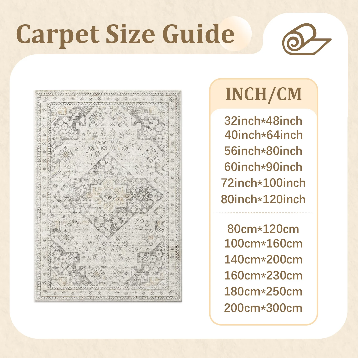 Large Indoor Area Rug, Soft Velvet Low Pile Rug with Non-slip Dotted Backing, Machine Washable Vintage Boho Medallion Rug for Living Room Bedroom, Neutral Light Distressed Grey Beige Floor Carpet