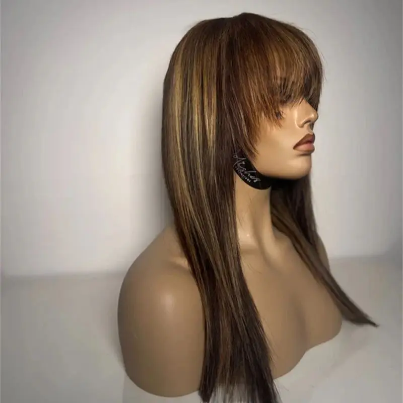المرأة شعر مستعار أومبير الشوكولاته البني الاصطناعية الدانتيل شعر مستعار أمامي مستقيم بوب شعر مستعار مع الانفجارات قسط ارتفاع درجة الحرارة الألياف شعر مستعار للحفلات