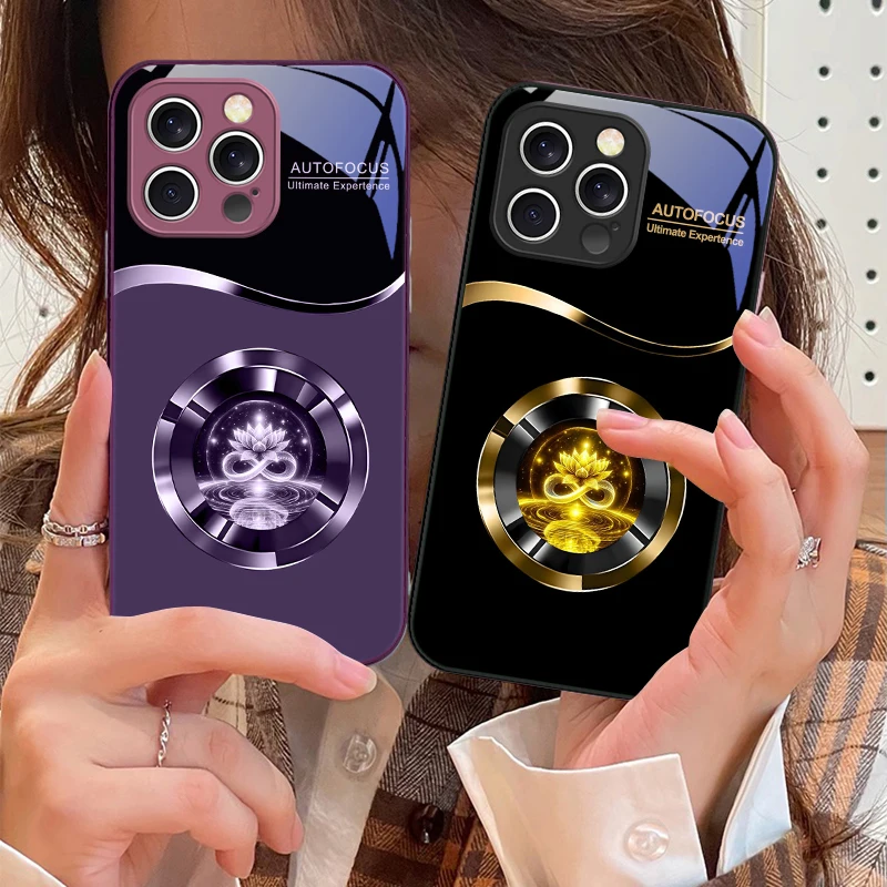 

Circle Golden Lotus For iPhone 16 E 15 14 13 Plus 12 mini 11 Pro Max XR Xs Max 16E X 7 8 6 6S 2022 Tempered Glass Phone Case