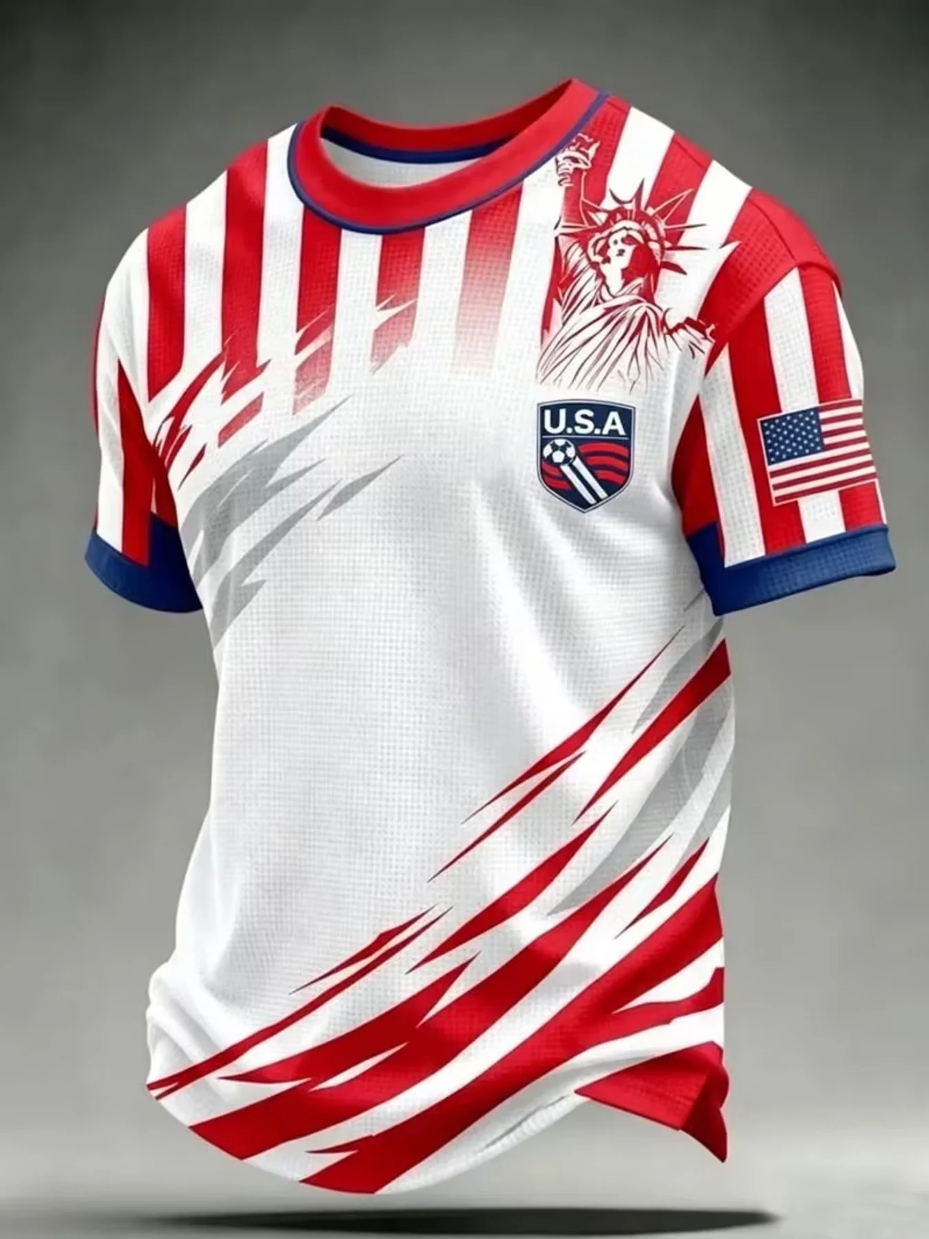 Printed Design – Smooth Texture | Fashionable Casual Sportswear | USA Patriotic Motifs | Soccer Jersey | Statue of Liberty | Sta