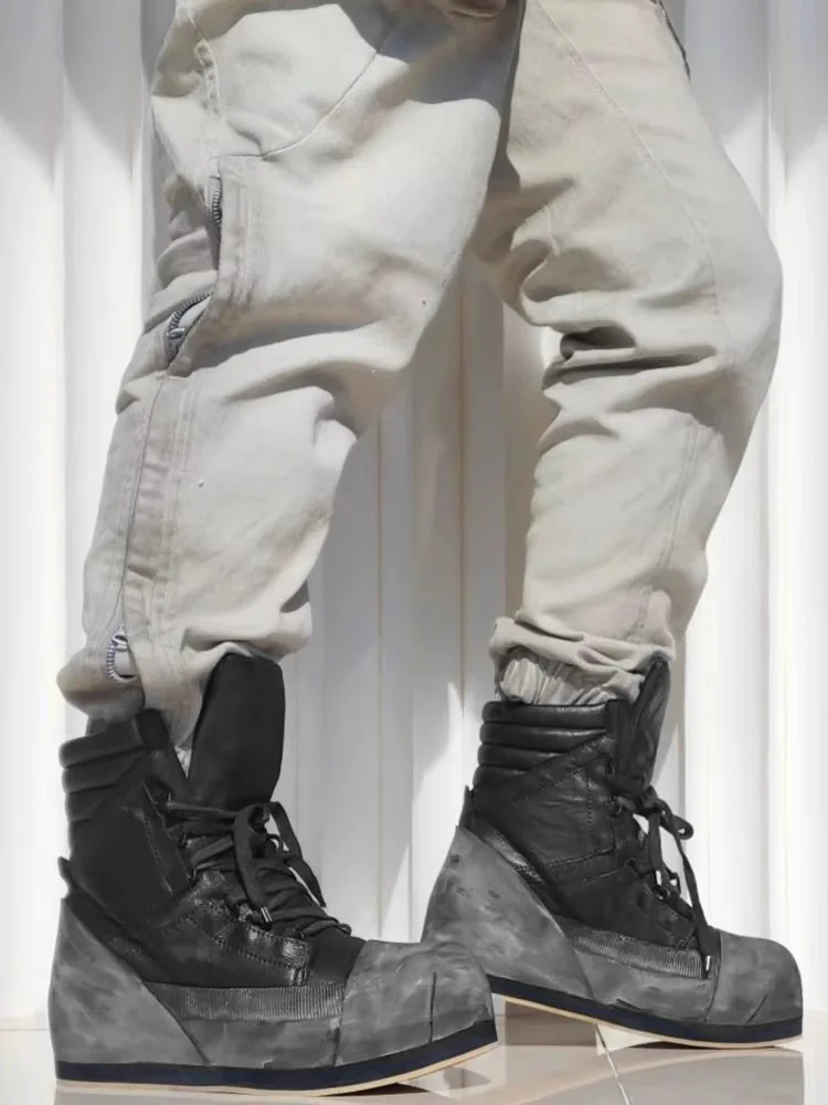 Gothic Design Men Cowhide Genuine Leather Ankle Boots Work Safety Shoes Vintage High Top Thick Platform Height Increasing Boots
