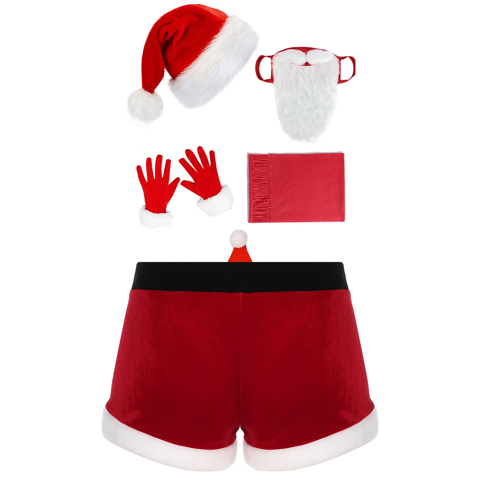 Mens Santa Claus Role Play Outfits Low Rise Red Color Doll Boxer Shorts with Hat Beard Gloves Scarf Props Set for Christmas