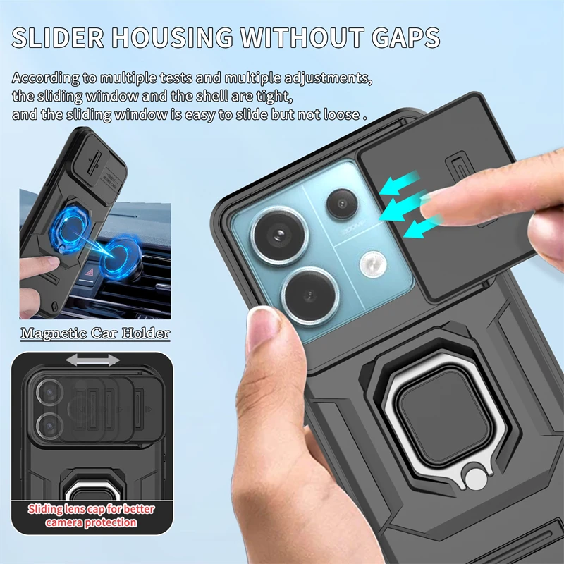 For Poco X6 5G Case Slide Camera Lens Armor Phone Case for Xiaomi PocoX6 Poco X6 Little X 6 Car Magnetic Holder Ring Back Cover