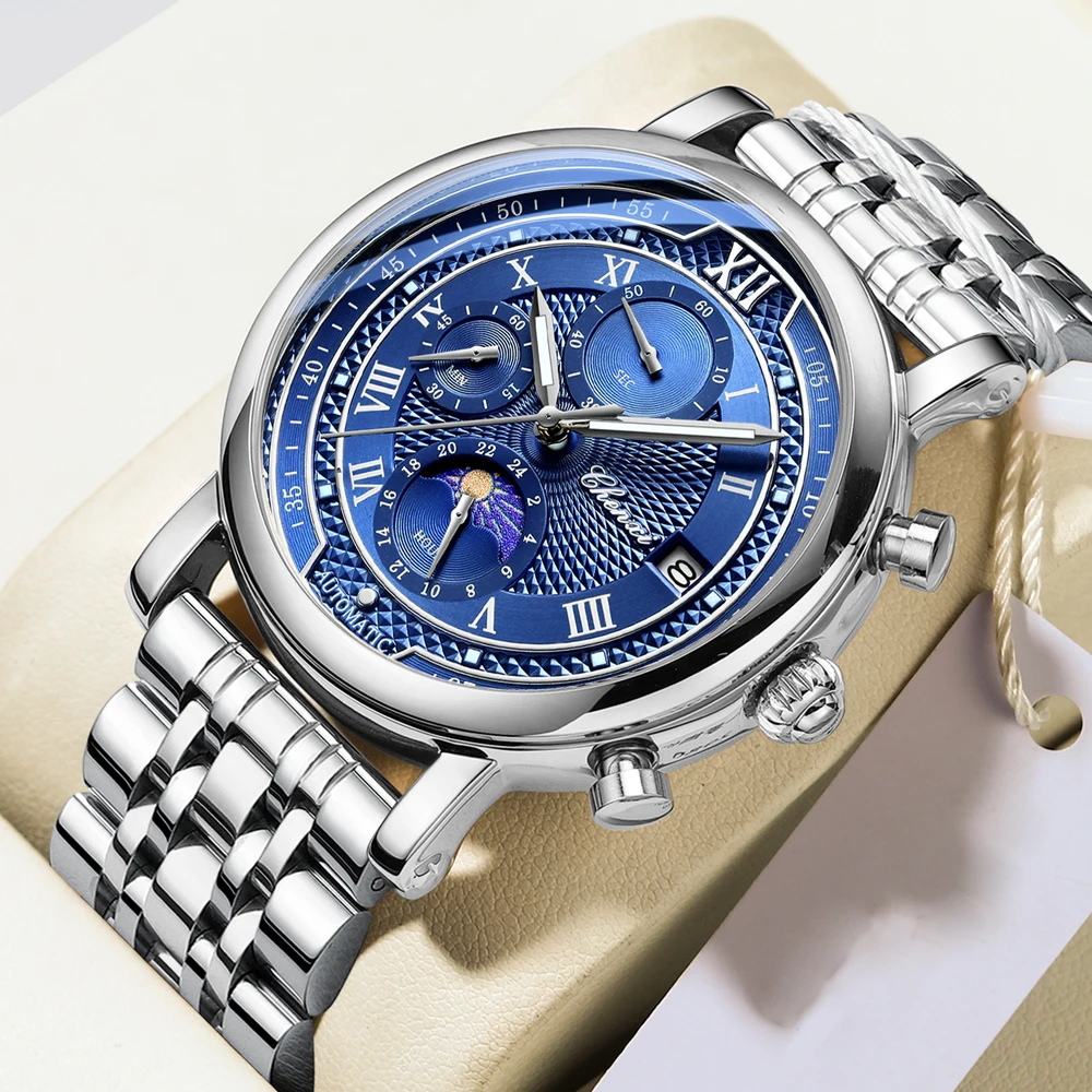 CHENXI Top Business Watch Men Luminous Waterproof Moon Phase Chronograph Quartz Stainless Steel Date Fashion Wristwatch