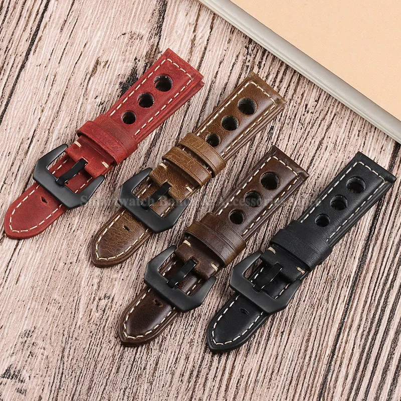 Breathable Leather Watch Strap 20mm 22mm 24mm for Panerai Waterproof Wrist Band for Huawei Watch Gt2/3 Oil Waxed Leather Strap