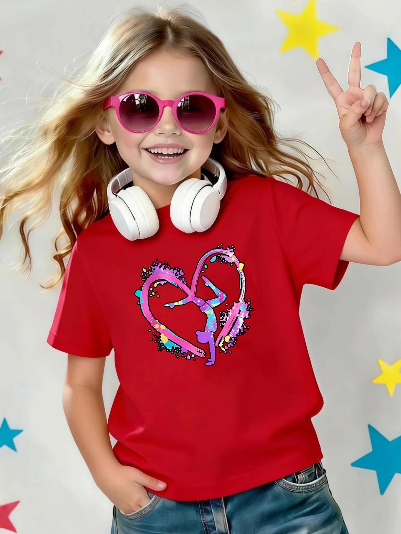 Colorful Heart Gymnast Girl Splash Art Print Kids Tee Boys Girls Cotton Summer Soft Casual Unisex Kids Short Sleeve Shirts