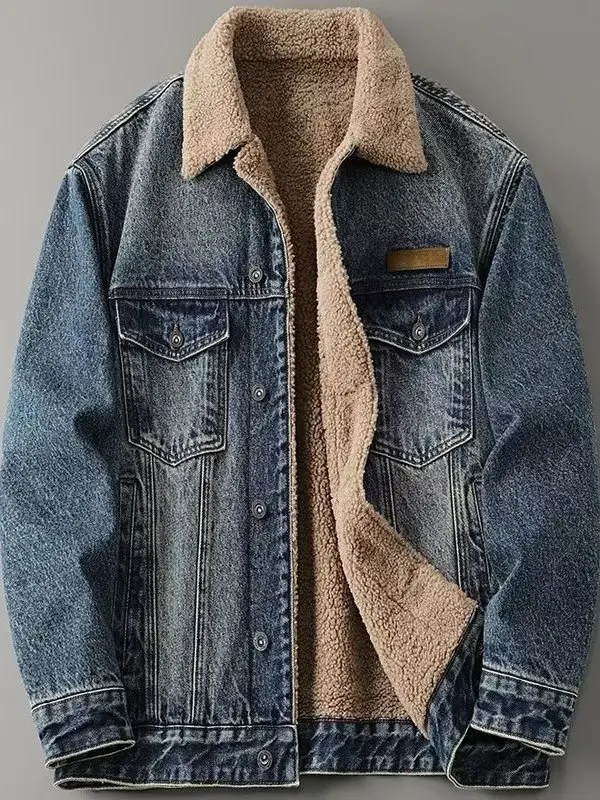 Retro American Fleece Lined Thickened Denim Jacket for Men Winter Trendy All Match Lamb Fur Warm Cotton Coat Jacket