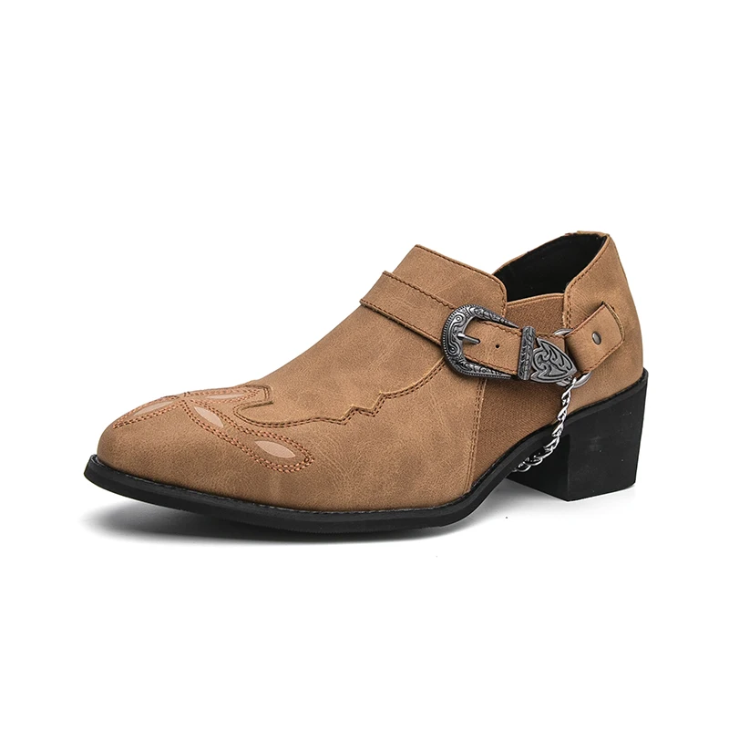 Men Height Boost Block Heel Western Cowboy Shoes Pointed Toe Buckle Strap Chain Decor Embroidery Leather Gothic Dress Footwear