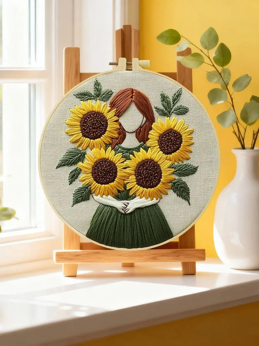 1 Stück 20X20CM/15X15CM 7,87/6,3 Zoll Sonnenblumen-Taschen-Stickerei-Starter-Kit DIY-Kit DIY-Stickerei-Set Handarbeiten Heimdekoration – Detail 6