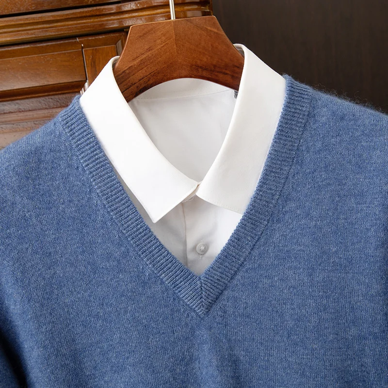 100% Cashmere Men's Pullover Casual Solid Color Knitted Sweater Loose Pull V-Neck Tops Basic Versatile Jumper view 4