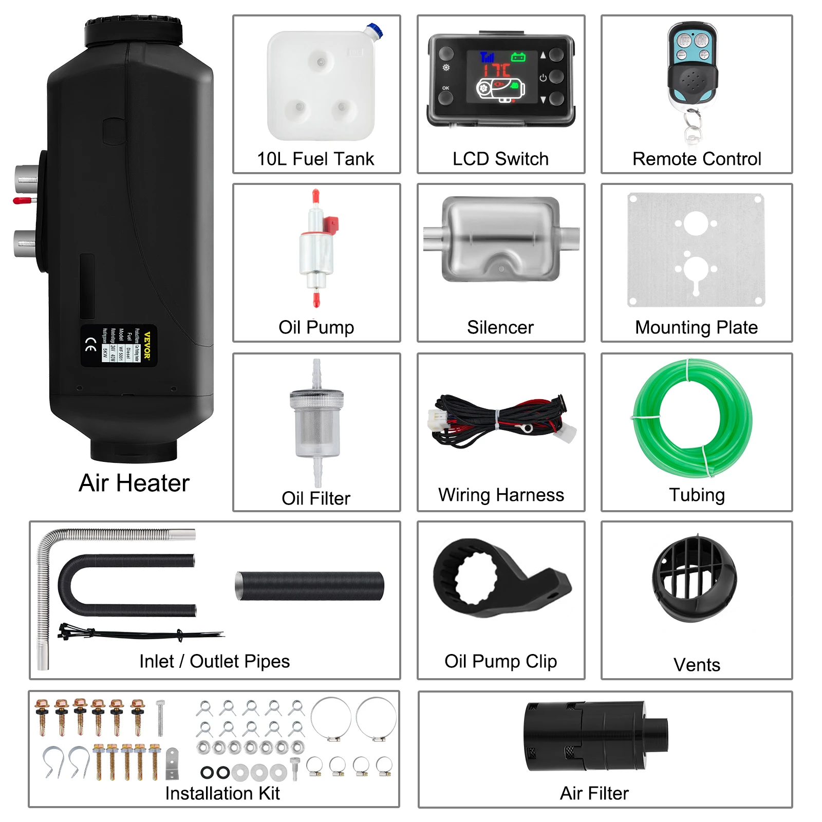 VEVOR Réchauffeur d'Air Diesel 24 V 10 L 5 kW Réchauffeur de Stationnement avec Interrupteur LCD Silencieux Chauffage Diesel