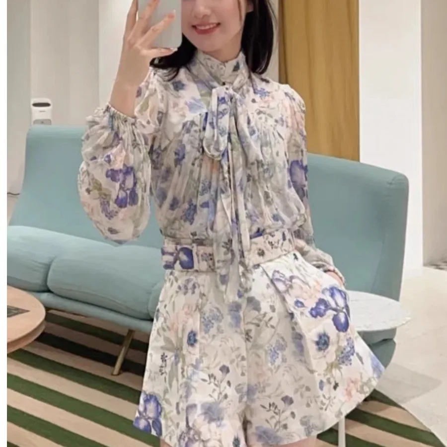 Stampa floreale blu lungo Sve irt con cintura + set di sfere a gamba larga a vita alta Collezione autunnale Faion da donna Manufac cinese...