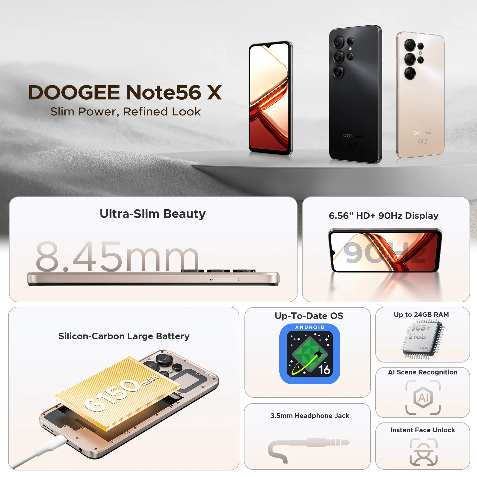 الإصدار العالمي DOOGEE Note56 X الذكي أندرويد 16 24 جيجابايت رام (3 جيجابايت + 21 جيجابايت) 64 جيجابايت ROM شاشة 6.56 بوصة بطارية 6150 مللي أمبير في الساعة هاتف محمول