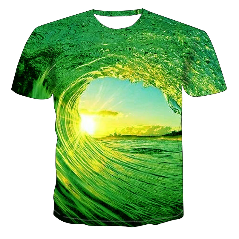 3d Wave Landscape Color Printing Men\'s And Women\'s T-shirt Breathable Seaside Scenery Pattern Trend Hip-hop Light Summer