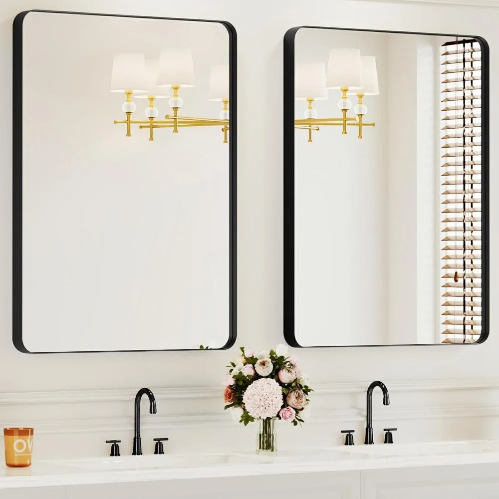 Ensemble de miroirs de salle de bain à cadre noir, 2 pièces, 24 x 36 pouces, incassable, accroche horizontalement ou vertical pour la vanité et le mur