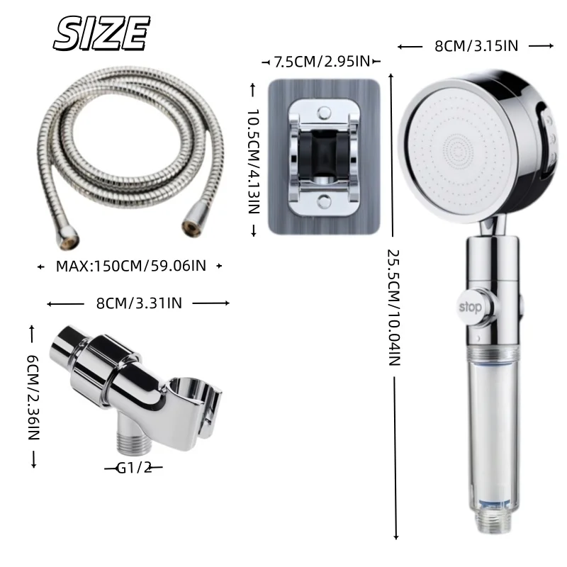 Shower Head Set,3‑Modes 360° Rotatable,One‑key Stop,Built‑In Filter,Punch‑Free Bracket,Shower Hose,US Spec Bracket