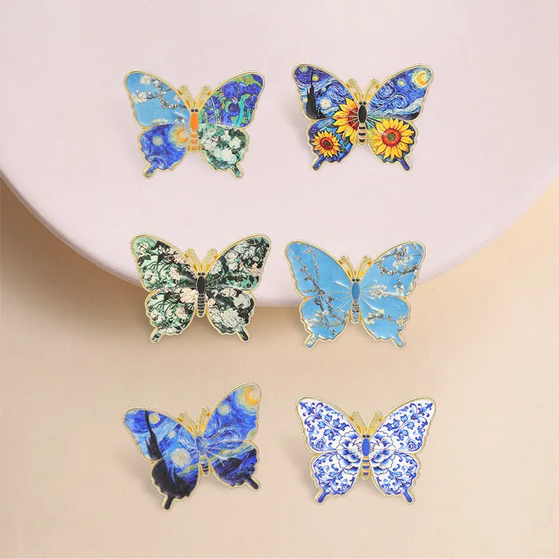 Cartoon Butterfly Enamel Pins Van Gogh Starry Night Skull Day of the Dead Colorful Butterfly Insect Brooches Badge Jewelry Gifts