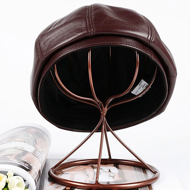 Winter Leather Hats For Men Women Skull Caps Brimless Retro Beanie Women Octagonal Painter Wine Red Round Dome Gorra Size Fitted