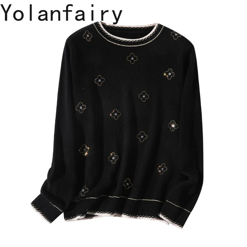 

YOLANFAIRY 89% Wool 11% Cashmere Sweaters for Woman Autumn Winter High-end Knitted Pullovers Black Sweater Base Layer Women Tops
