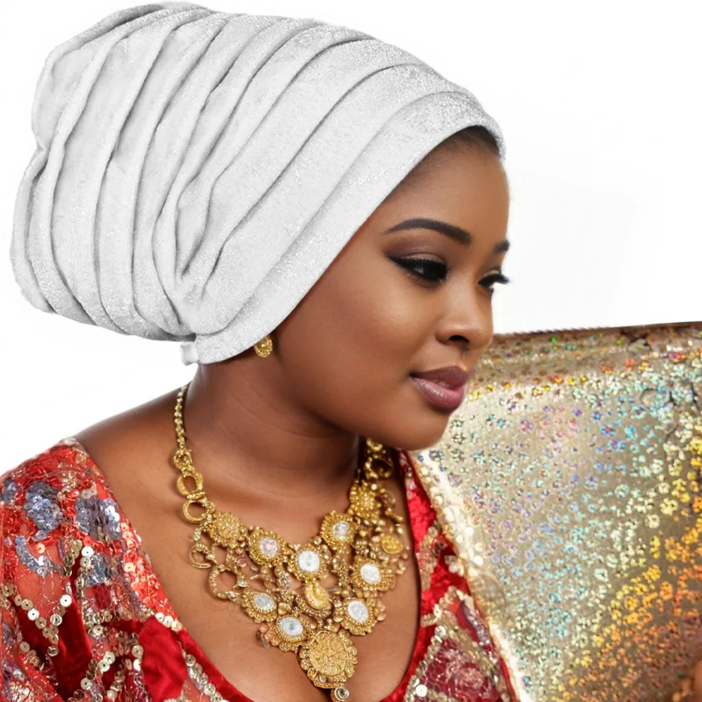 

African Auto Gele Headpiece Glitter Full Body Pleated Muslim Headscarf Hat Turban Cap for Women Head Wraps Headgear Nigerian New