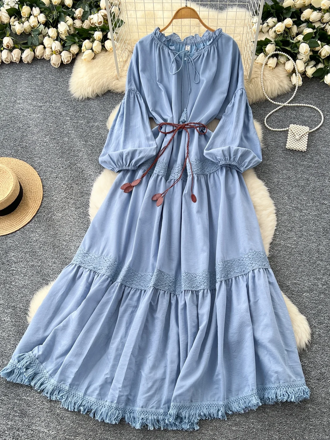 فستان أنيق بأكمام فانوس مزين بالدانتيل مع حزام، فستان نسائي طويل بخصر مرتفع على الطراز الكوري #4