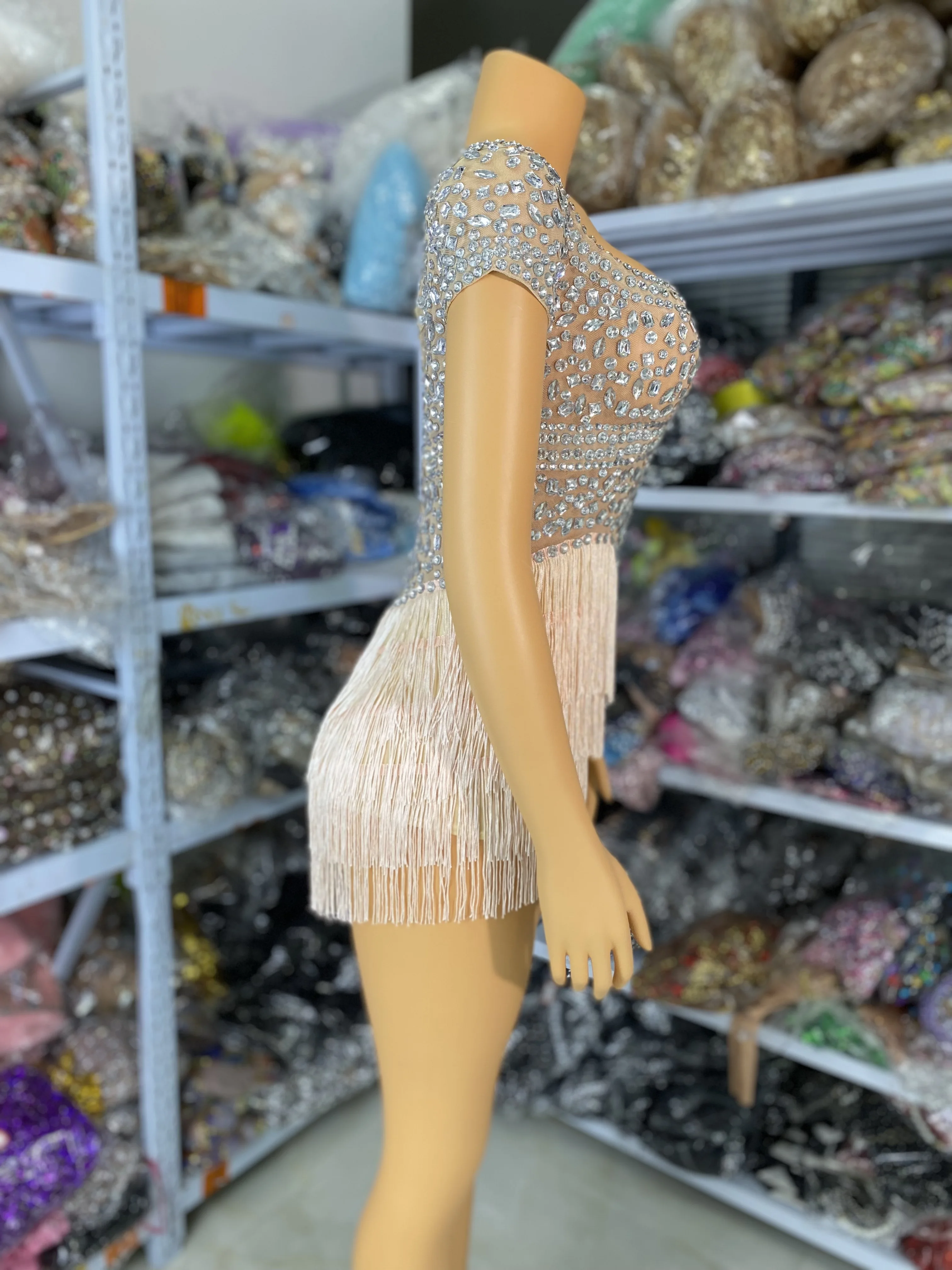 여성 라인스톤 메쉬 태슬 바디수트 드레스 섹시 컷아웃 이브닝 파티 무대 의상 볼룸 경연 라틴 댄스 드레스