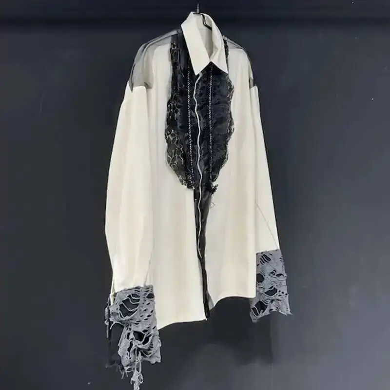 Lace Patchwork Design Men's Shirts Lapel Single Breasted Worn-out Contrast Color Tops Loose Long Sleeve Male Shirt ZA45