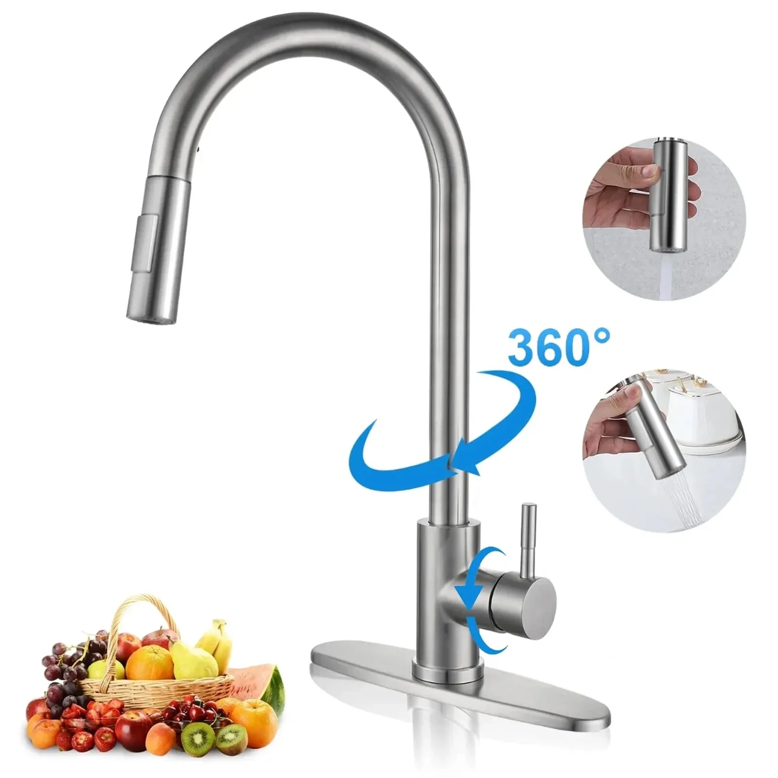 

Kitchen Sink Faucet Pull Down Sprayer Brushed Nickel Single Handle Swivel Mixer with High Arc Gooseneck Modern Touchless