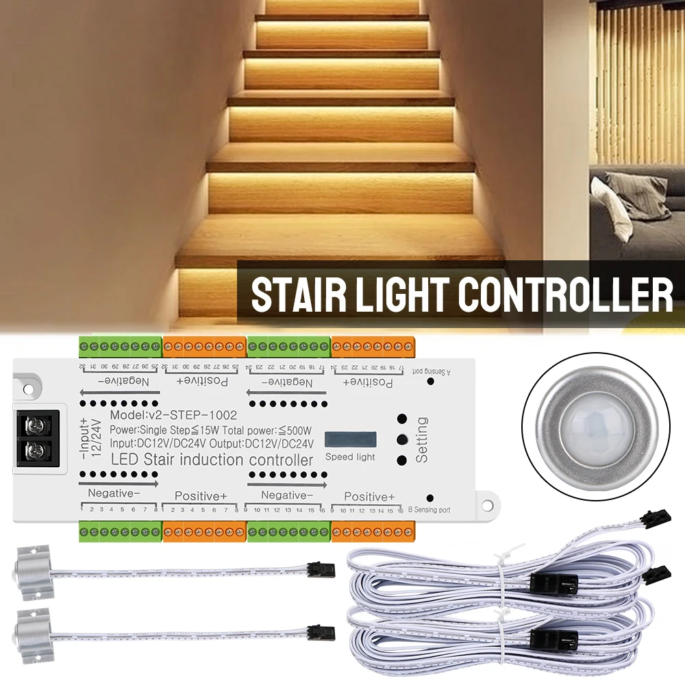 32 Channels LED Motion Sensor Indoor Stairway Lighting For Stairs Flexible Strip Stair Light Controller Kit DC 12V 24V