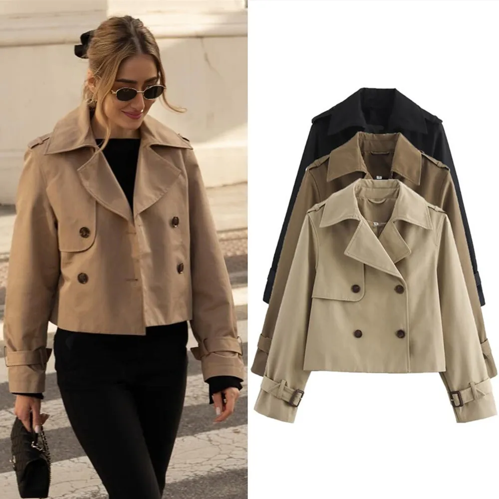 

BWQ Ladies Vintage Cropped Trench Spring Autumn Jacket Women Streetwear Double Breasted Long Sleeve Top Female Chic Coat Outfits
