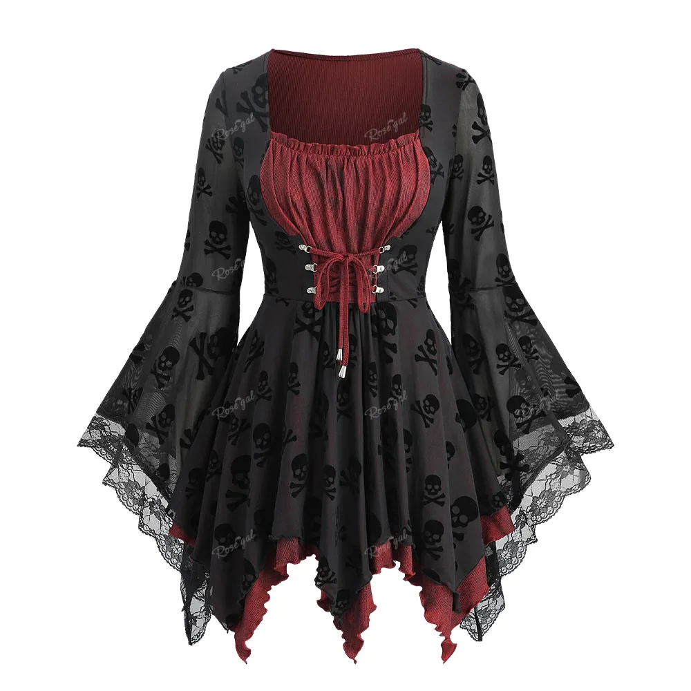 

ROSEGAL Plus Size Women's T-Shirts Skull Flocking Lace Ruffles Tops Gothic Ruched Lace Up Flare Sleeve Asymmetrical Blouses 4XL