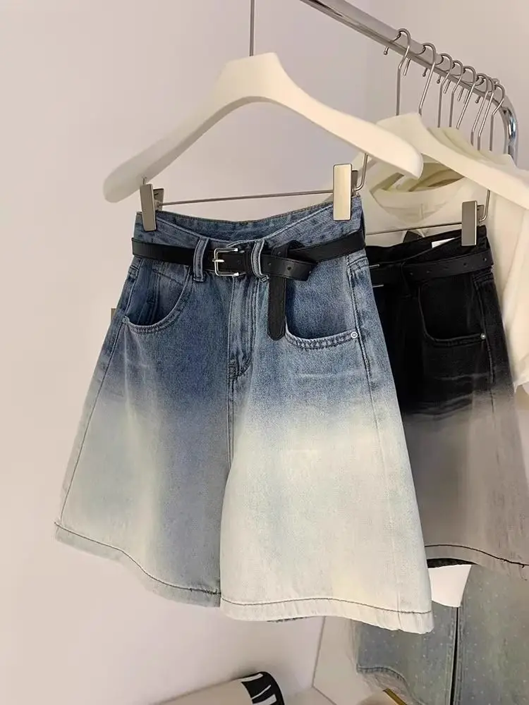 Mode Gradiënt Vijfpunts Jeans Dames 2024 Zomer Nieuwe Joker Hoge Taille Losse Korte Broek Met Wijde Pijpen