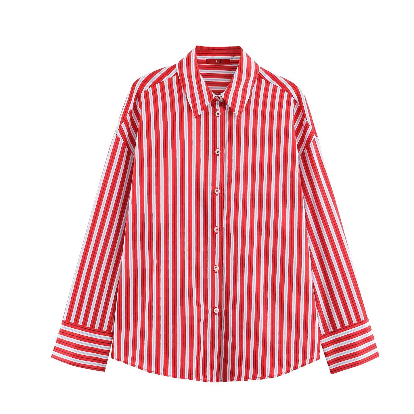 CH Hemd mit vertikalen Streifen und Knopfleiste für Damen, spitz zulaufender Kragen, lange Ärmel, umklappbare Manschetten, fallende Schulterpartie, lockere Passform, lässige Alltagsbluse – Detail 6