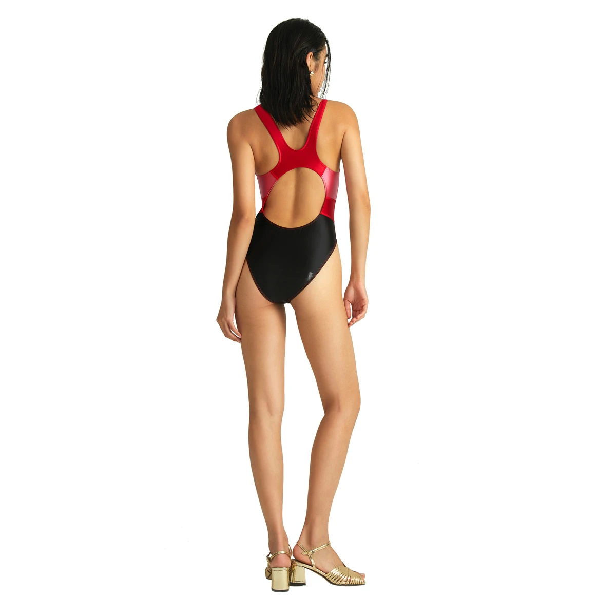 AMORESY Aphrodite Series Glossy Patchwork Sleeveless Backless Swimwear One-piece High Cut Swimwear Tight Leotards Bathing Suit
