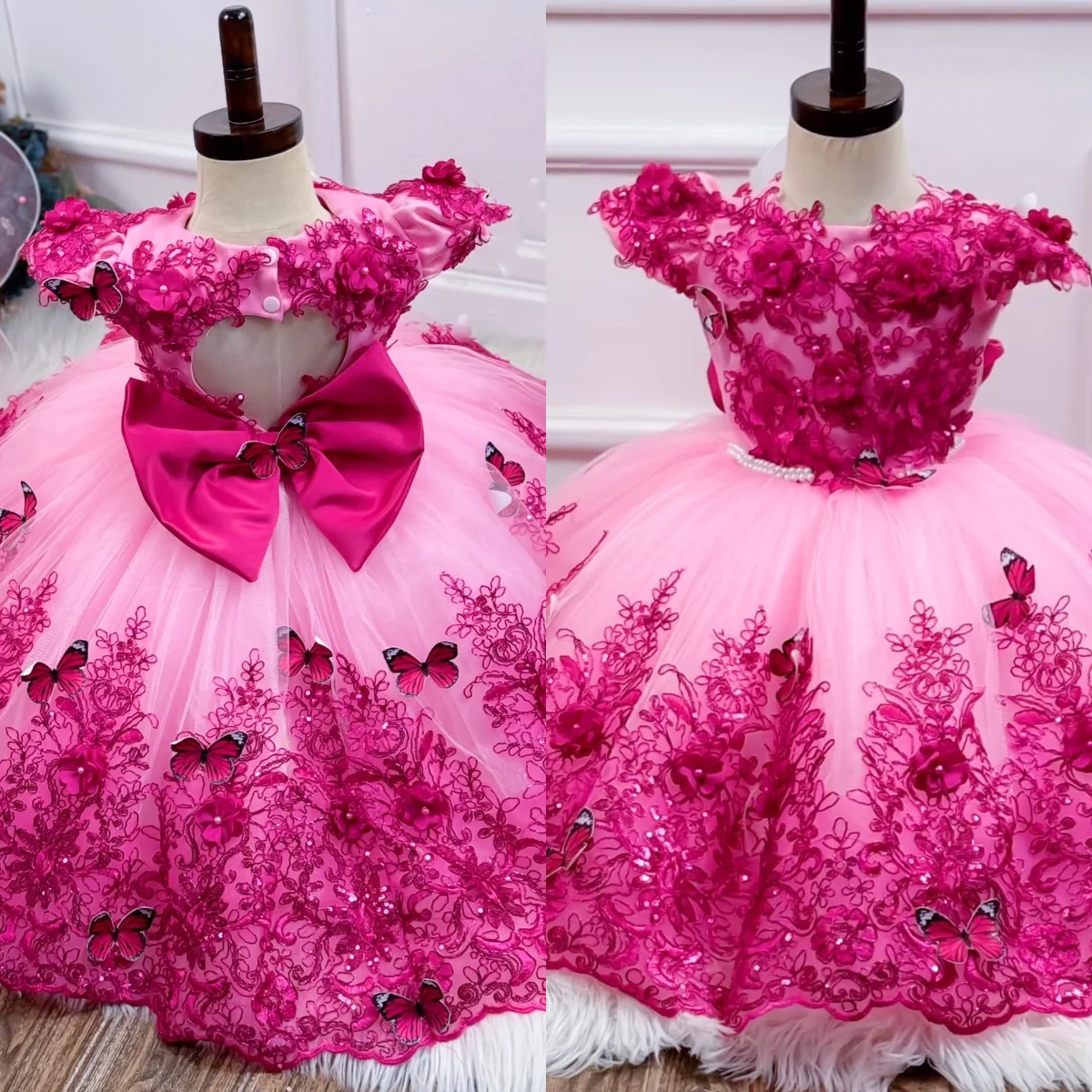 

Customized Flower Girl Dress for Wedding Hot Pink Lace Appliqued Butterfly Princess Birthday Party Prom Toddle Children Gown