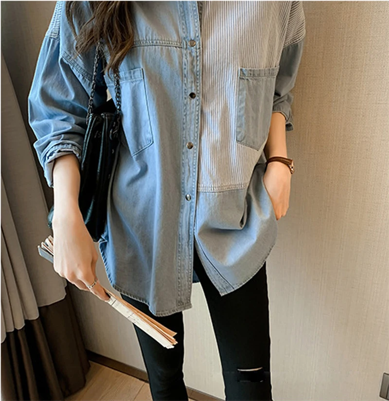 Korean Spring Autumn Loose Female Clothing Striped  Denim Shirt Fashion Turn-down Collar Button Pockets Long Sleeve Mid Blouses