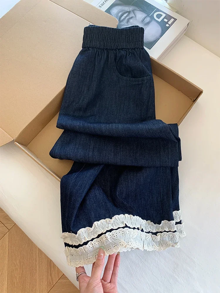 عميق الأزرق الدانتيل المرقعة واسعة الساق الجينز مرونة الخصر فضفاضة عادية مستقيم السراويل الربيع الصيف الكورية نمط الدنيم السراويل