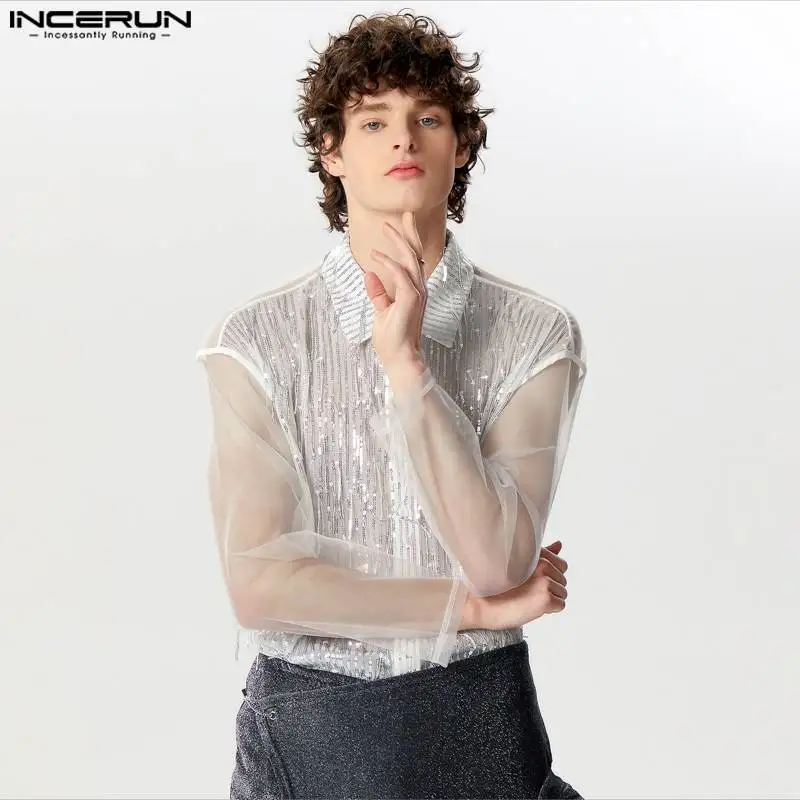 2024 Men Shirt Sequins Mesh Patchwork Lapel Long Sleeve Men Clothing Transparent Streetwear Fashion Casual Camisas INCERUN S-5XL