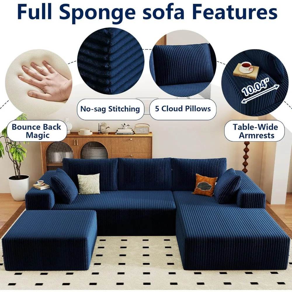 أريكة مقطعية حديثة مستوحاة من السحابة على شكل حرف U بثلاثة مقاعد مع مقاعد عميقة وعثمانية من نسيج سروال قصير