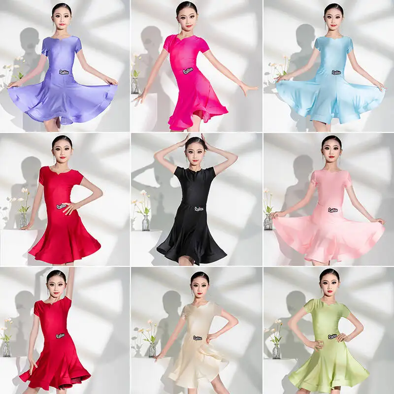 

New children'sLatin dancecompetition costumesoff-the-shoulder short-sleeved dance costumes grading standard performance costumes