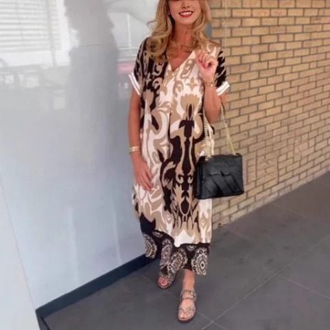 Boho Long Dress Elegant Women Summer 2025 Vneck Casual Floral Drawstring V-Neck Loose Holiday Beach Dresses Party Vestidos