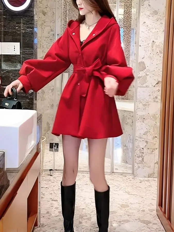 Autumn Winter Women's Fashionable Hepburn Style Lantern Sleeve Coat Thickened Medium Length Windbreaker Versatile Small Size