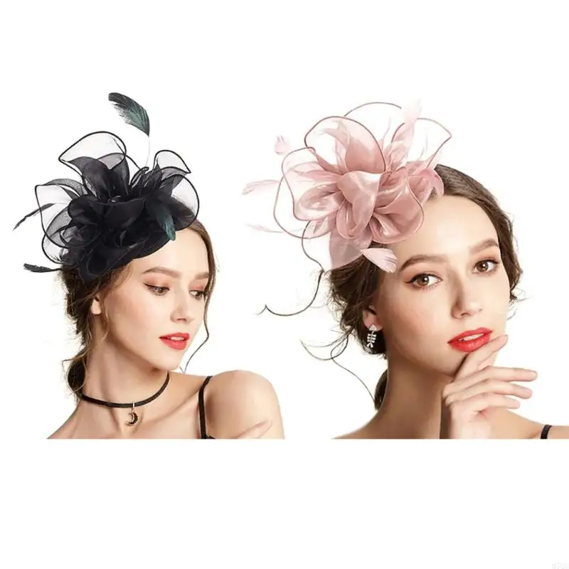 97QE Fascinator Veren kopstuk Vrouwen Fascinator Hoofdband Thee Hoofdband Cocktail Hoofdband Mesh Hoofdband