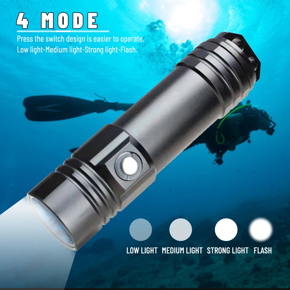 Asafee 50M Underwater L2 LED Diving Flashlight 800LM IPX8 Waterproof Torch 332M Range Press Switch Scuba Lantern