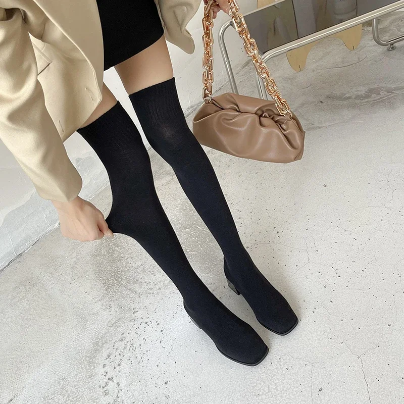 Botas altas hasta el muslo, zapatos, calcetín por encima de la rodilla para mujer, medias sexis elegantes para mujer, tacones gruesos, bota larga