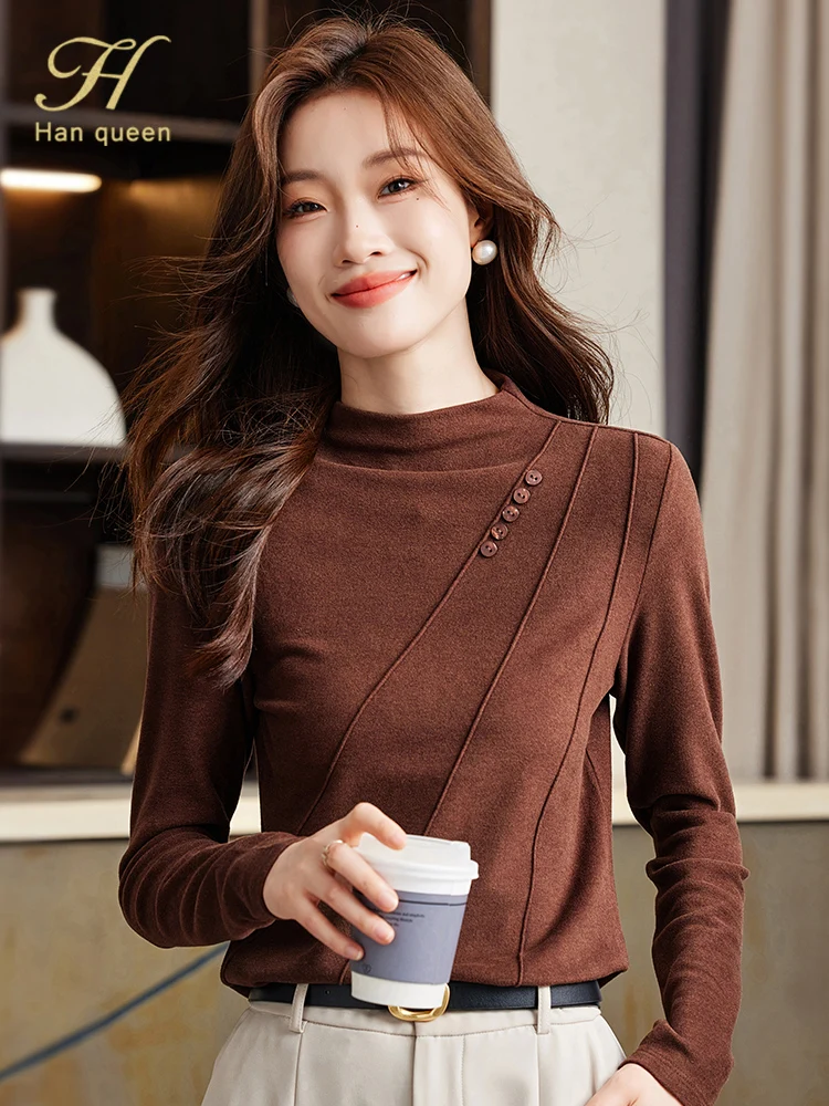 H Han Queen 2024 Autumn Winter Fashion Button Simple Basic Tees Simple Office T-Shirts Tops Casual Korean OL Loose Tops Women