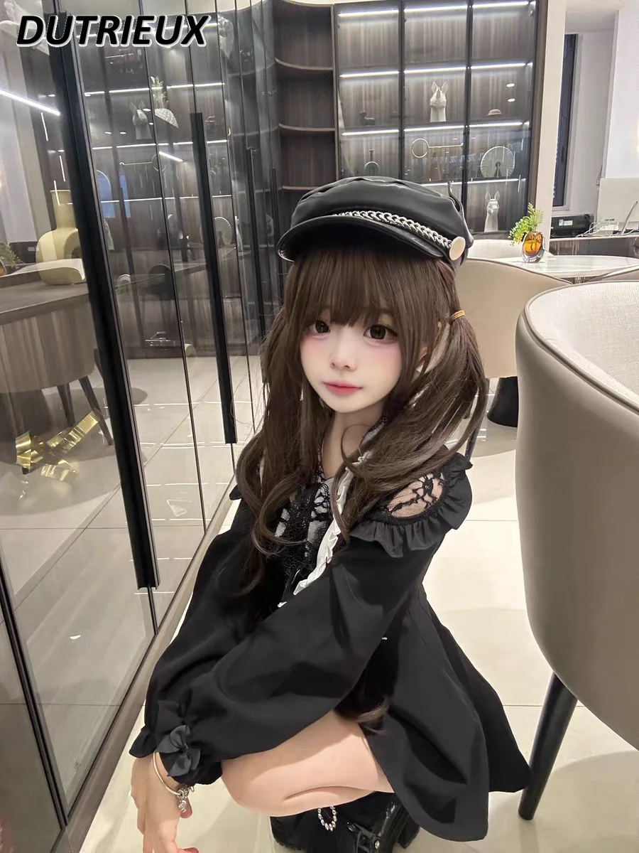 اليابانية الحلو الألغام القوس كشكش الدانتيل الربط الخصر التخسيس كم طويل مطوي فستان و طماق السراويل قطعتين مجموعة #6