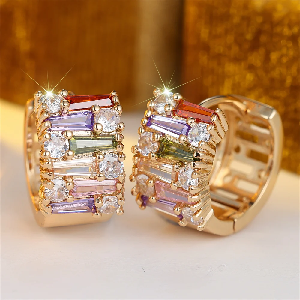 Rainbow Zircon Multicolor Crystal Small Stone Round Hoop Earrings For Women Gold Color Ear Buckle Wedding Jewelry Valentine Gift - view 4
